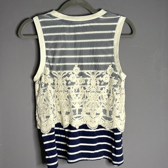 Anthro Postmark Sleeveless Navy Blue Striped Top with Lace Overlay Size Small - Picture 5 of 8